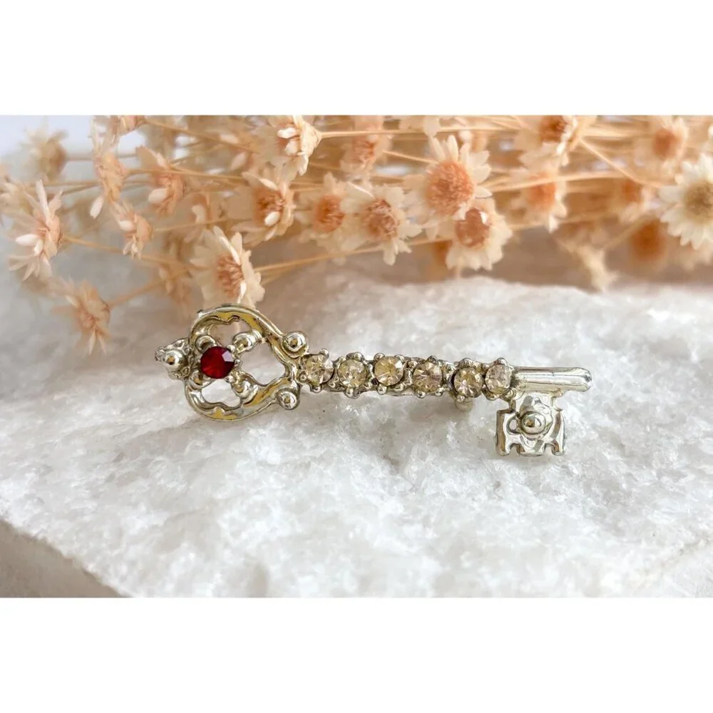 Key Shaped Antique Inspired Rhinestone Gold Toned Vintage Costume Jewelry Brooch